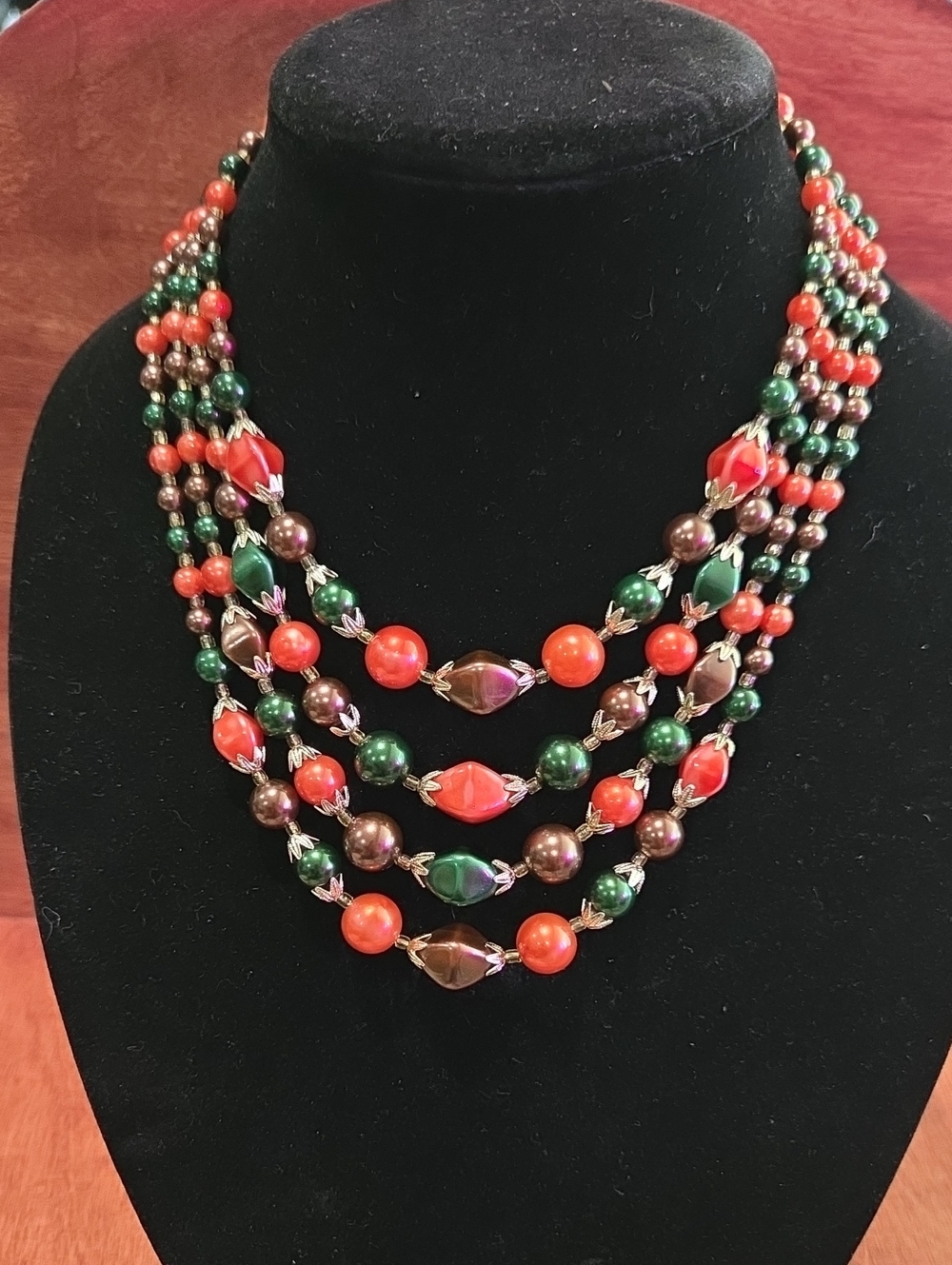 Vintage Japan 4-Strand Beaded Choker Necklace - Autumn Orange, Green & Brown